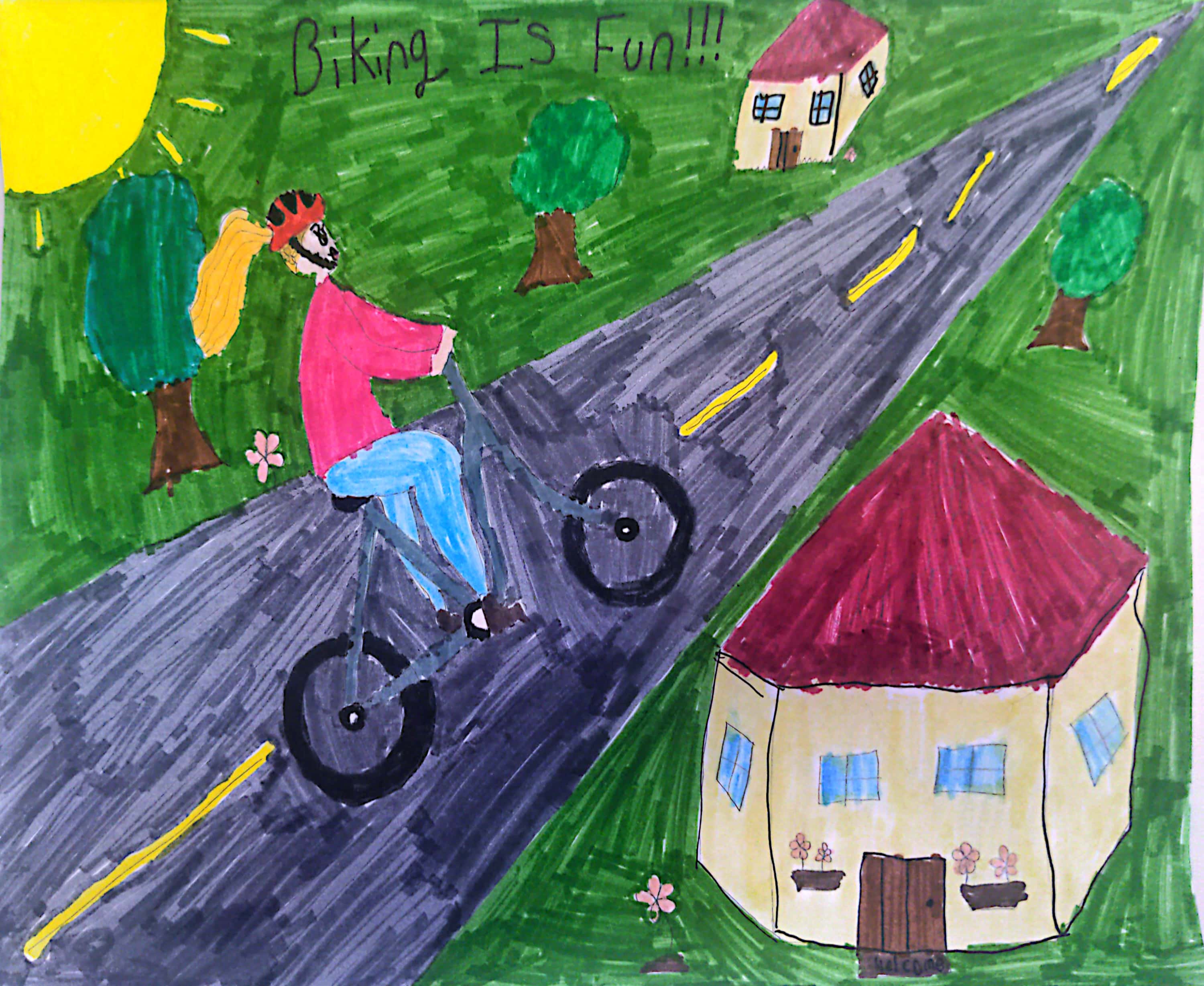 Student artwork fully colored page showing perspective drawing of biker with long blonde hair, red helmet, pink shirt and blue pants riding on a bike path lined with green grass and tree. House in foreground to the right of bike path, and another house in the background to the left of the path. Sun in the upper left corner, with title 